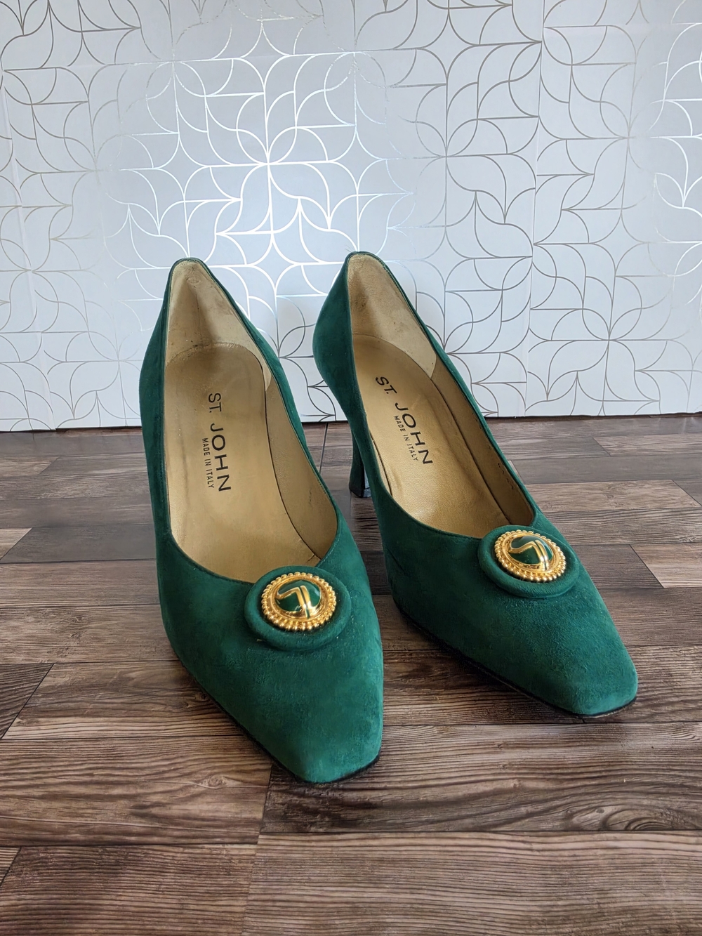 St. John Green Suede Gold-Accent Pumps